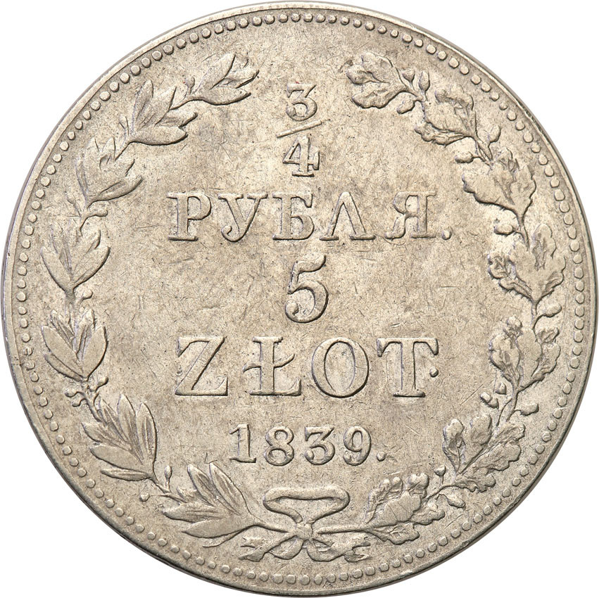 Polska XIX w./Rosja. Mikołaj I. 3/4 Rubla = 5 złotych 1839 MW, Warszawa